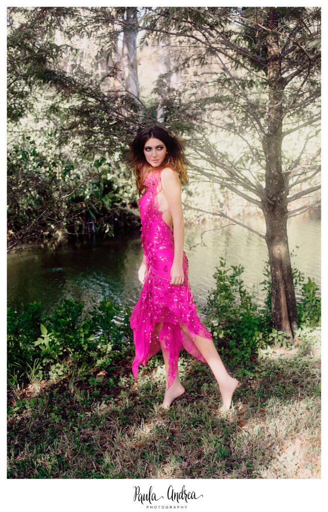 pink dress, forest, glamour shoot, nymph, glittery dress, metallic dress, forest fashion shoot, forest shoot, graceful