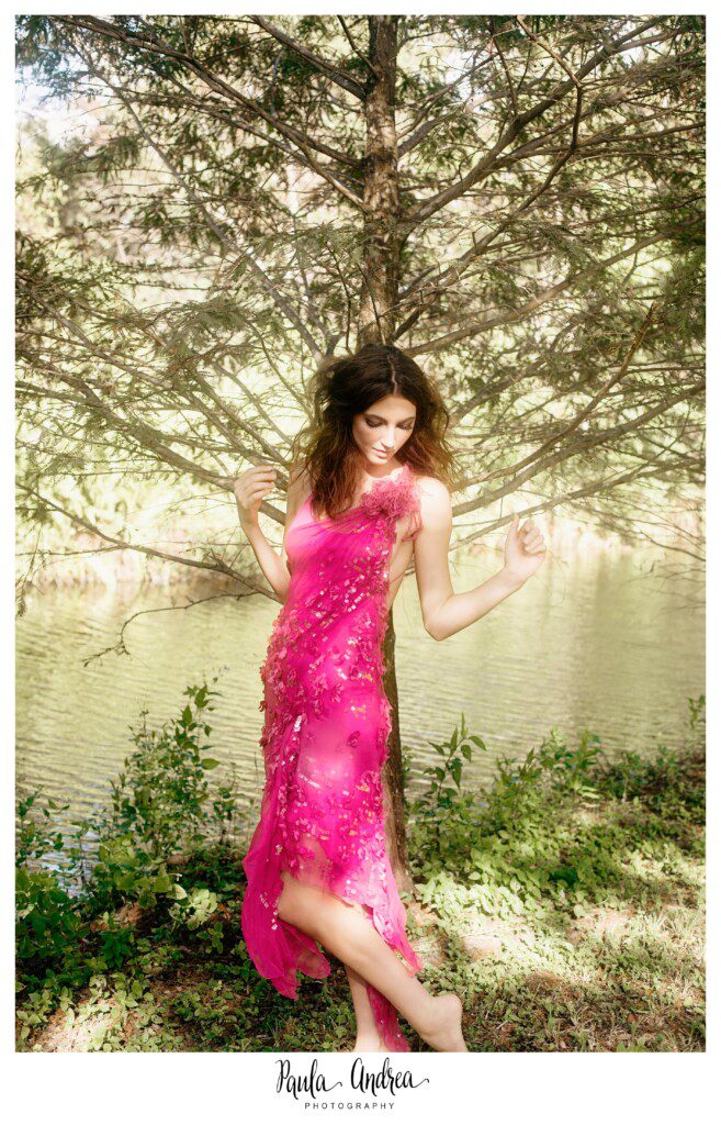 ralph lauren pink, pink dress, forest, glamour shoot, nymph, glittery dress, metallic dress, forest fashion shoot, forest shoot, graceful, walking nymph, romantic pink dress, coral springs fashion shoot, glowing nymph