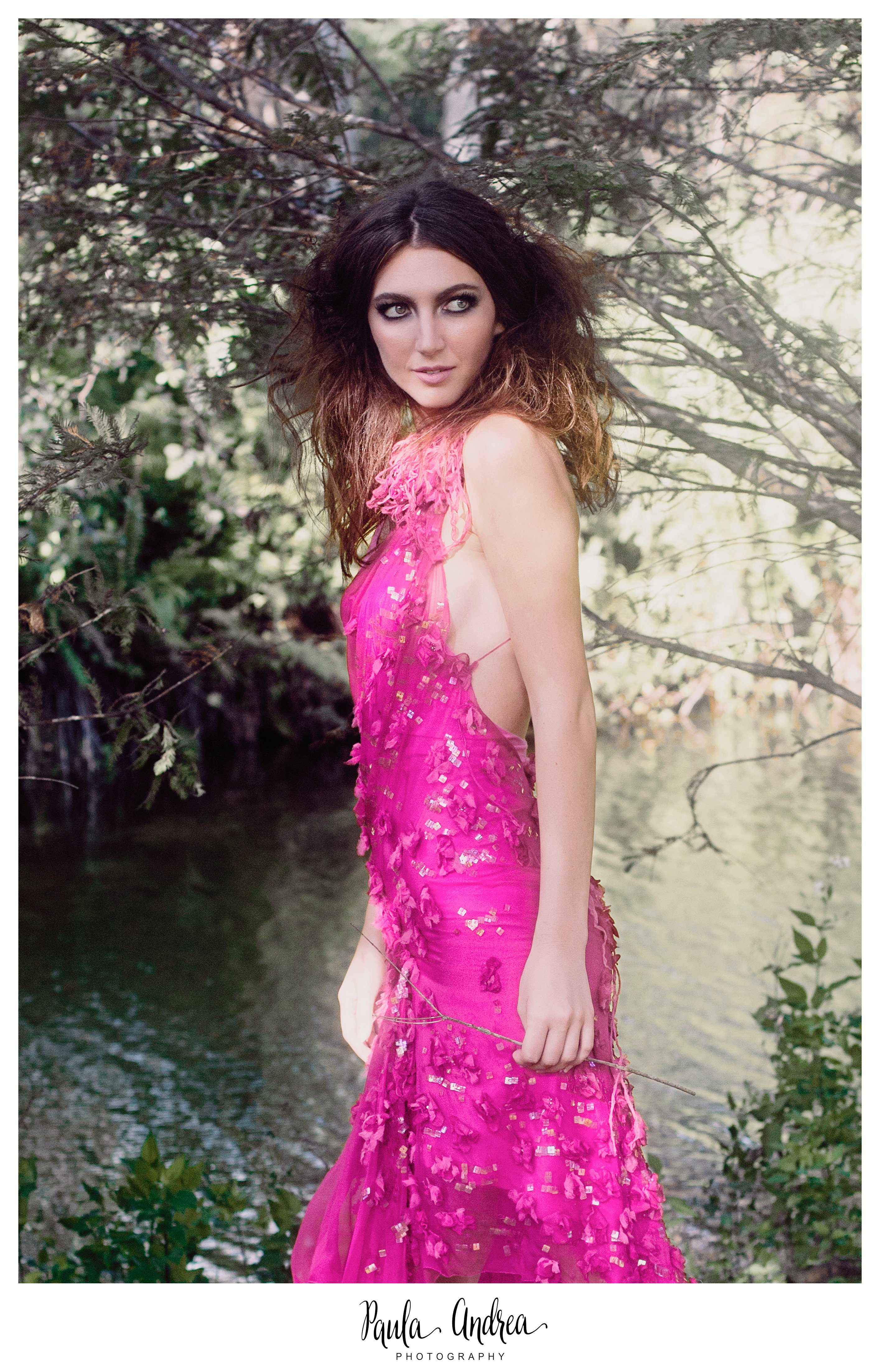 pink dress, forest, glamour shoot, nymph, glittery dress, metallic dress, forest fashion shoot, forest shoot, graceful, walking nymph, romantic pink dress, coral springs fashion shoot