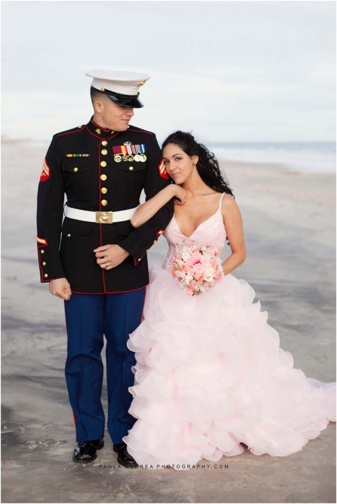 marine wedding, pink wedding dress, marine wedding at the beach, topsail beach marine wedding, topsail beach wedding, topsail beach wedding photographer