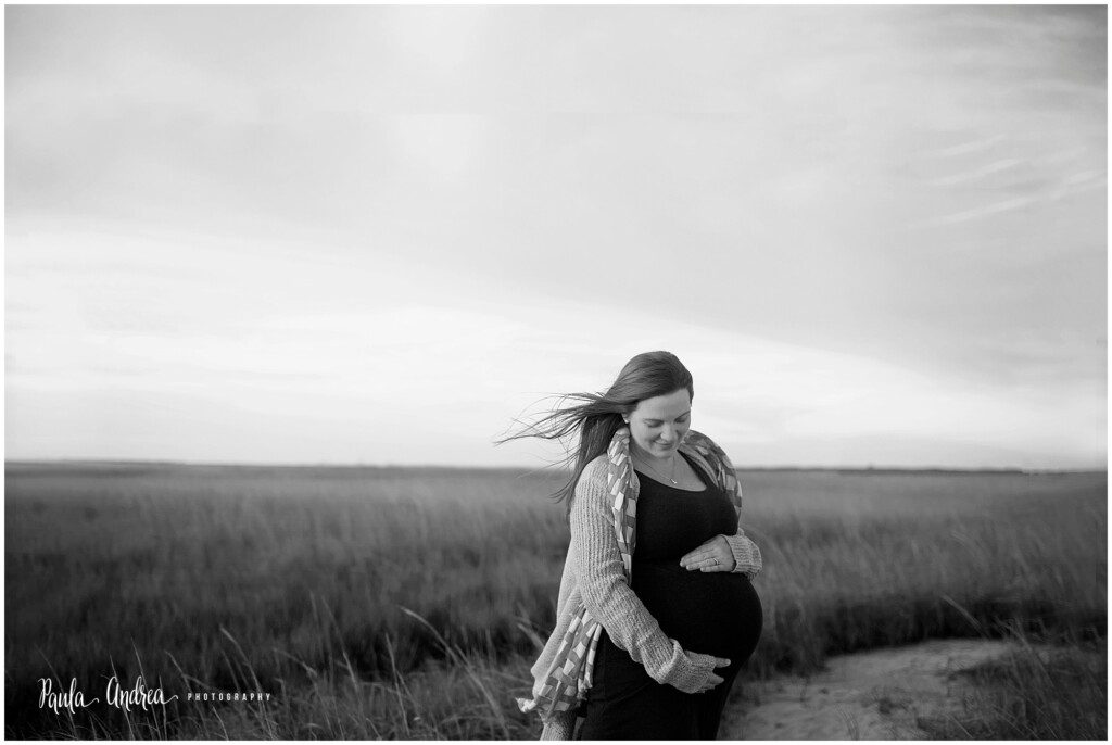 maternity black and white portrait in fort fisher, north carolina 